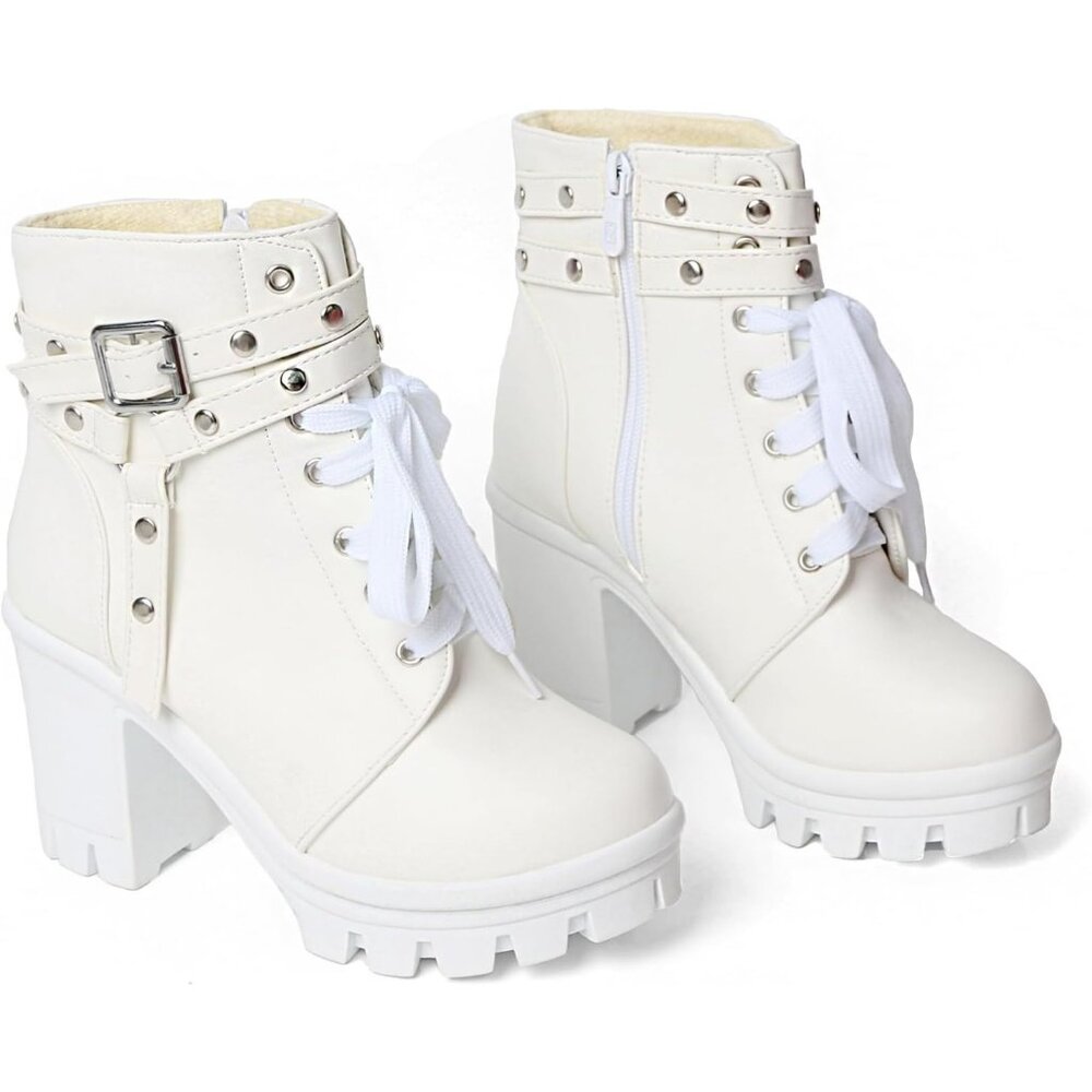 Meotina Women Chunky White Microfiber High Heel Rivets Platform Ankle Bootie - Picture 4 of 7